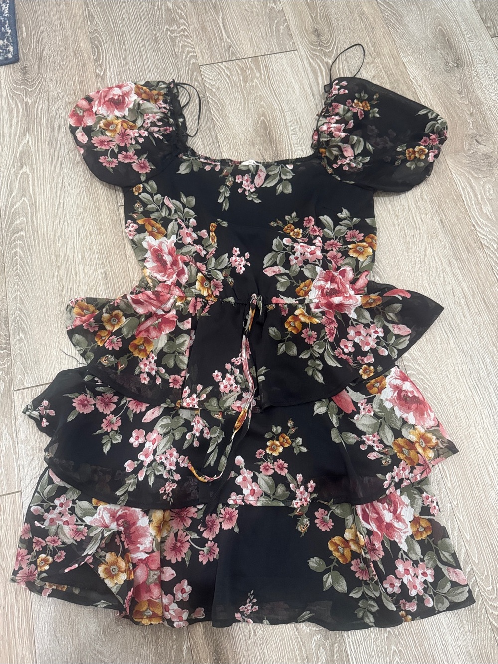 miami Black Floral Ruffle Tiered Mini Dress